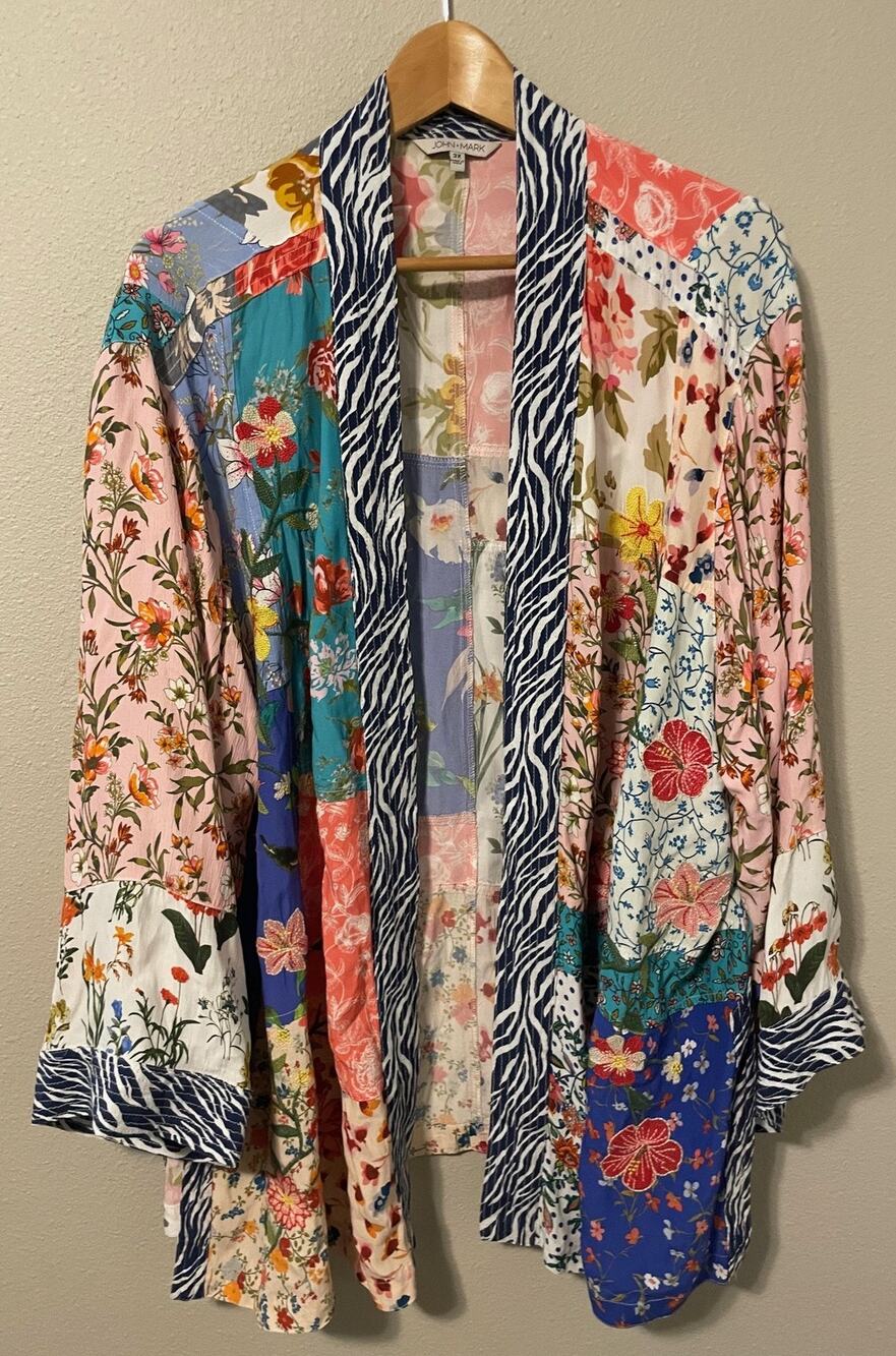 John Mark Kimono Jacket Womens 3X Multicolor Floral Patchwork Open Boho Artsy